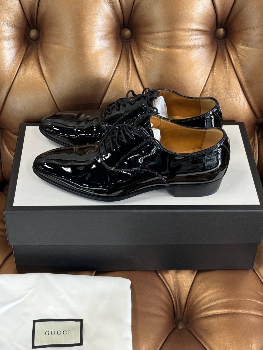 Gucci Worsh Patent Leather Derby Dress Black Made in Italy Shoes Oxfords SZ 6.00 - Picture 2 of 10
